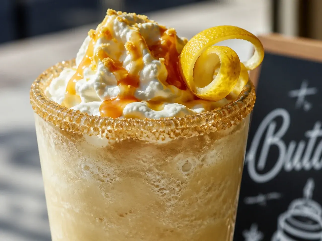 Blended butterbeer Frappuccino topped with whipped cream and caramel drizzle