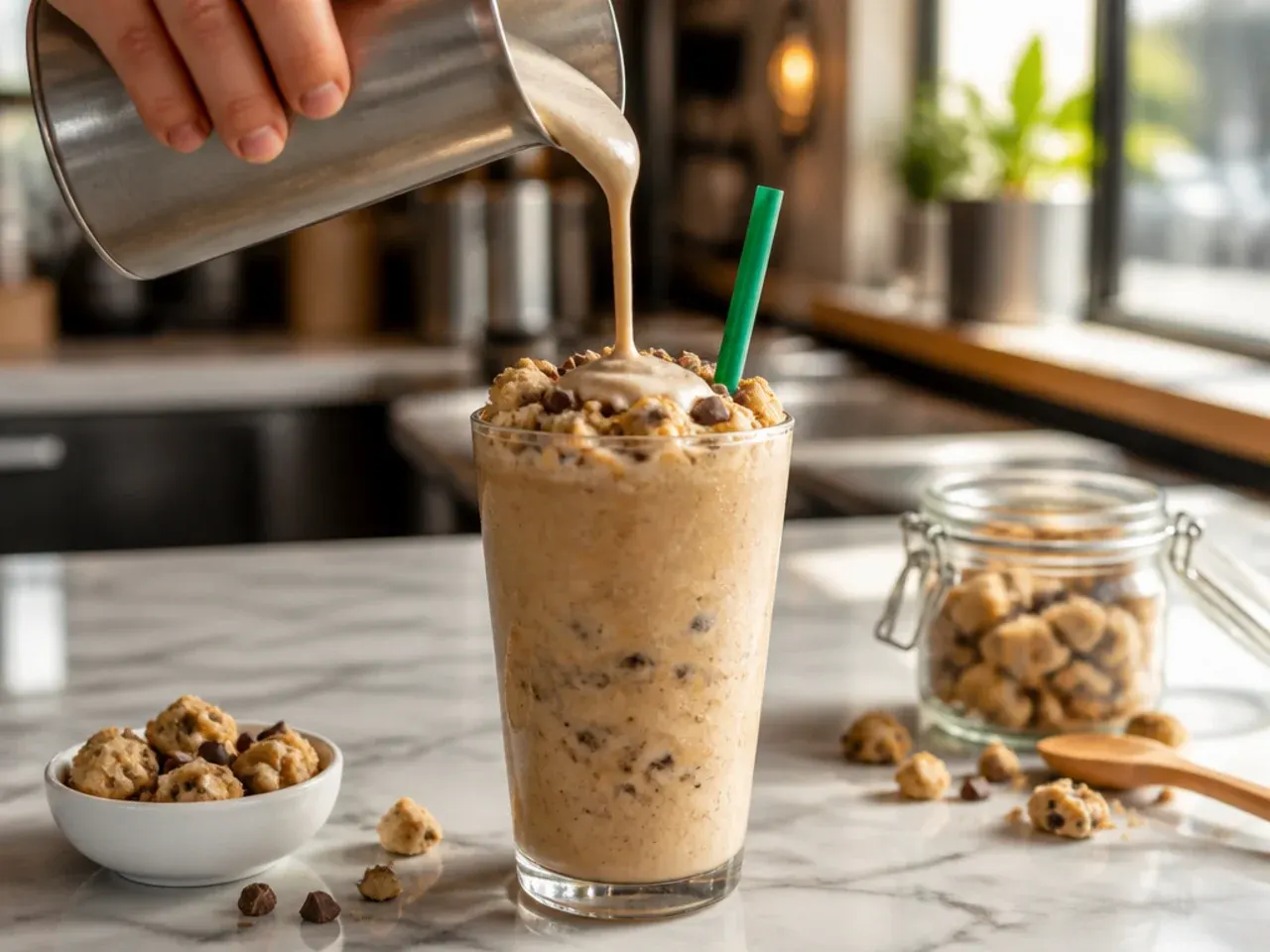 Cookie dough Frappuccino with crushed chocolate biscuit pieces and whipped cream