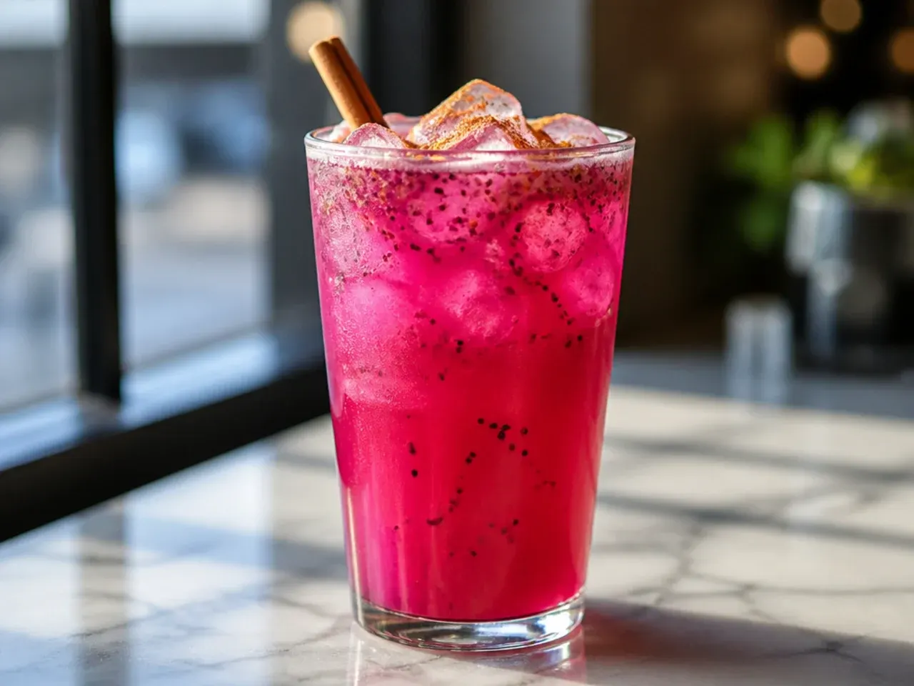 Dragon Drink with coconut milk and dragonfruit cubes over ice in a tall glass
