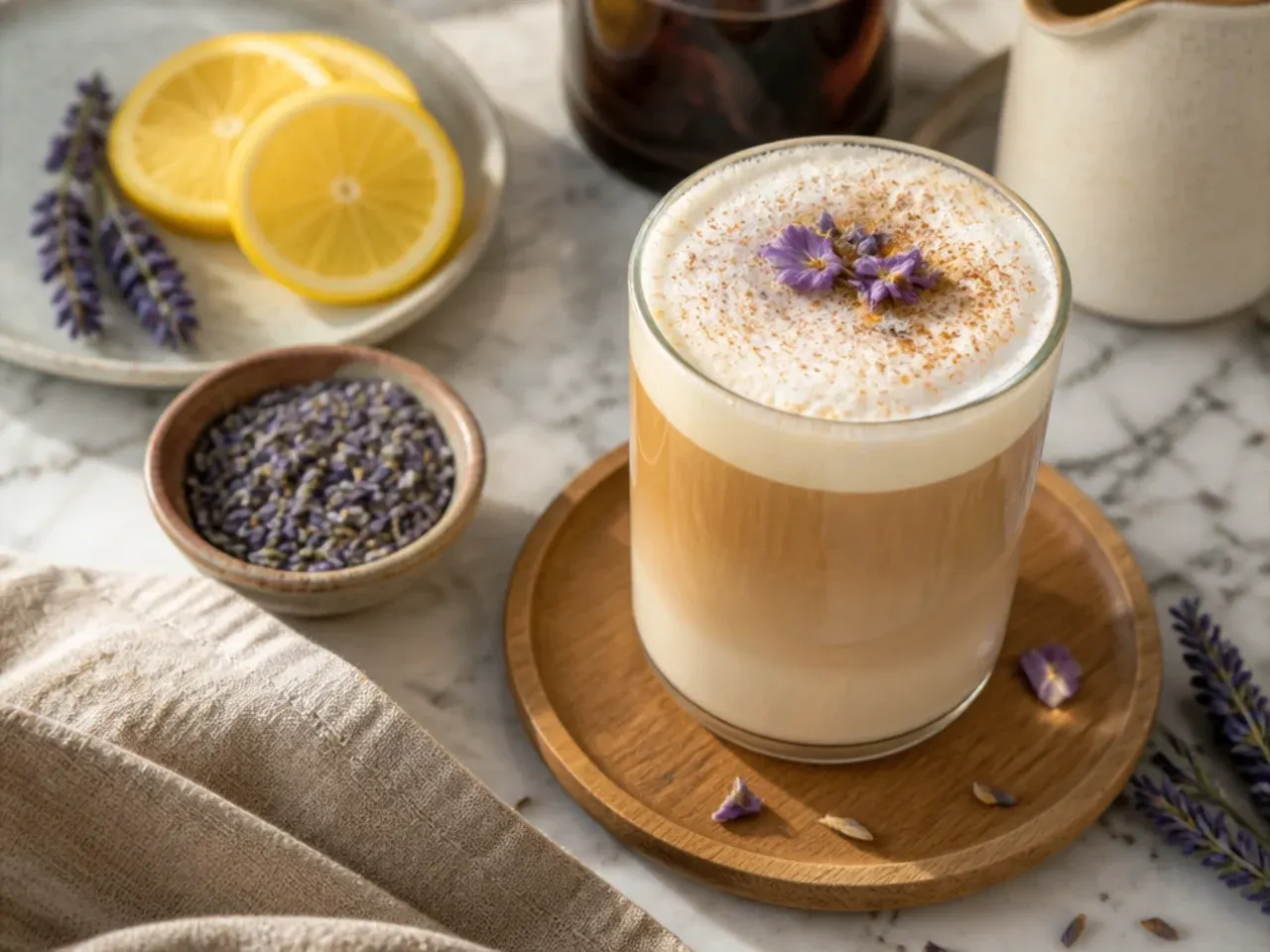 London Fog latte with steamed milk foam in a white mug on a cozy table setting