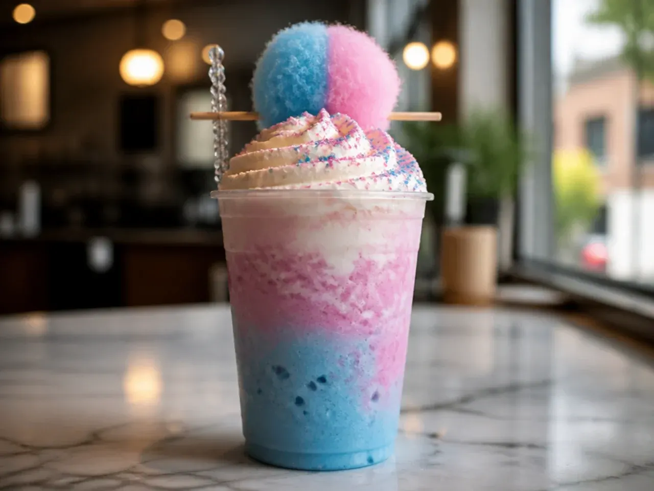 Pale pink Cotton Candy Frappuccino topped with whipped cream and a tuft of cotton candy