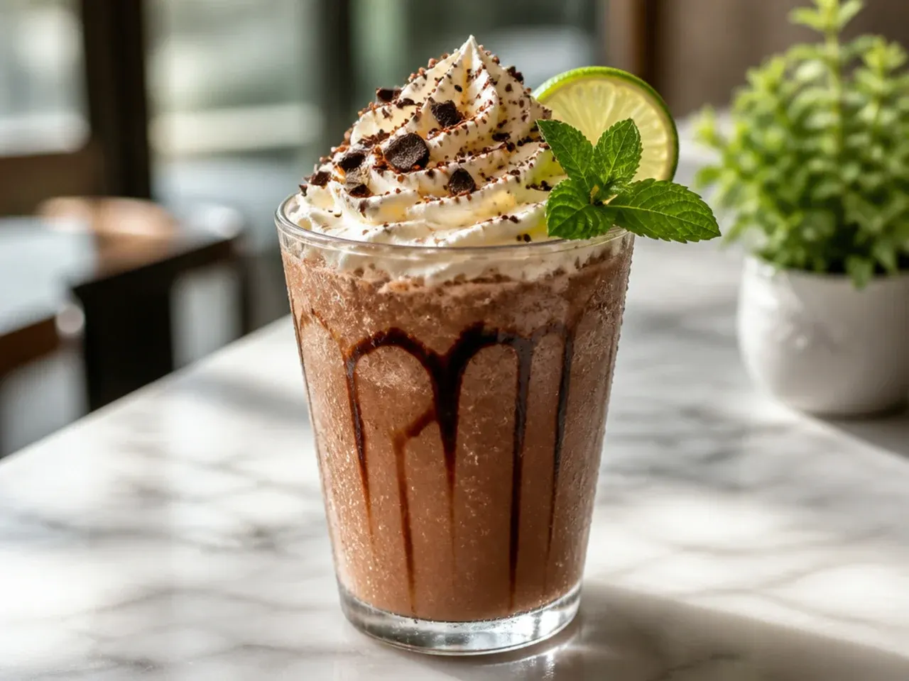 Frozen Thin Mint Frappuccino topped with cold foam and chocolate curls