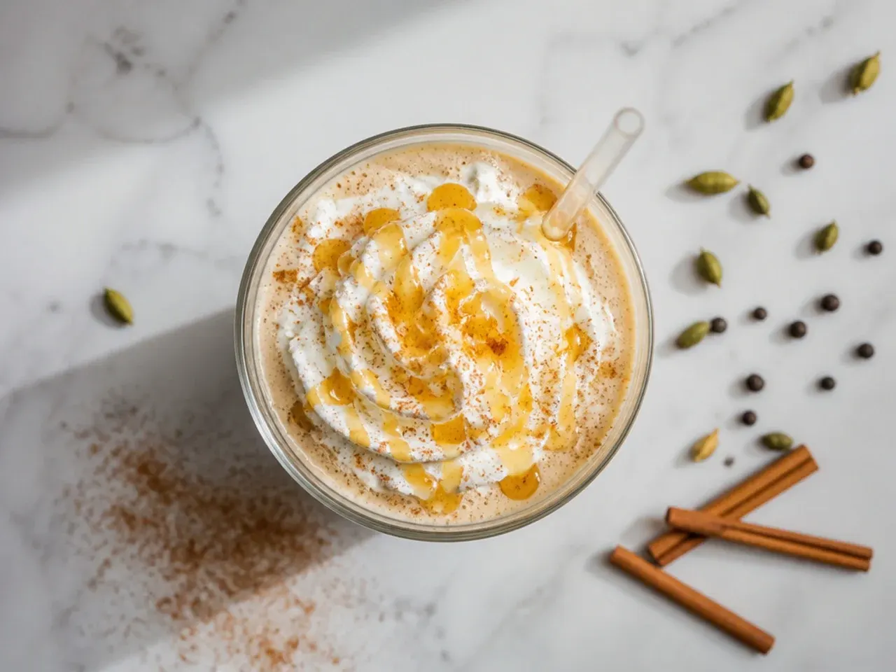 Chai latte with espresso and steamed milk dusted with cinnamon in a glass mug