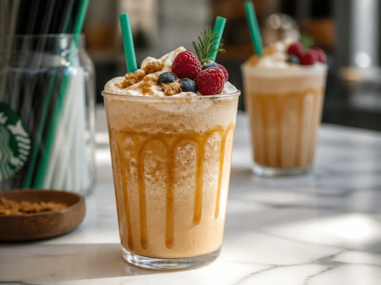 Caramel brulee Frappuccino with a caramelised sugar topping and whipped cream