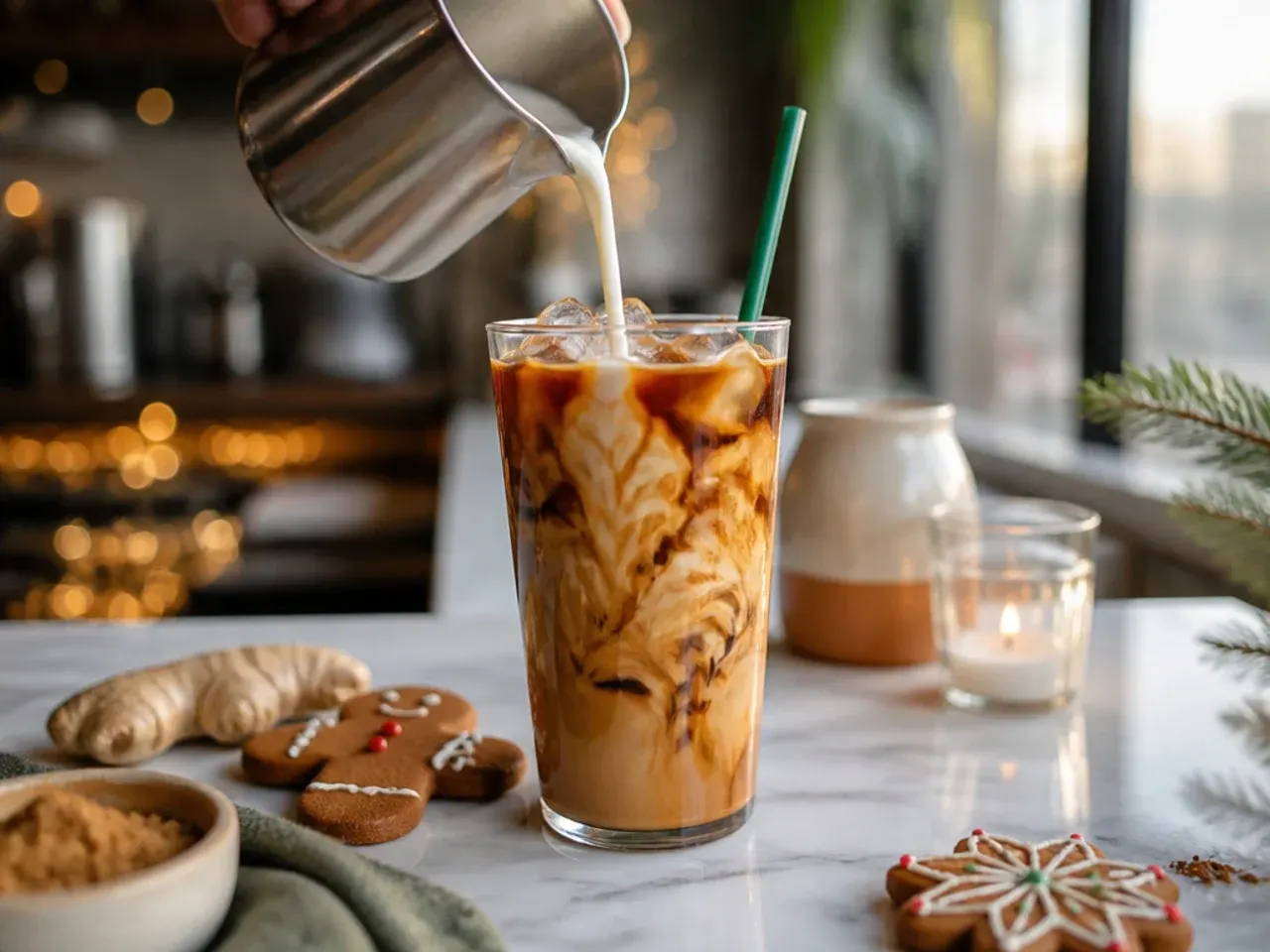 Gingerbread cold brew with marbled vanilla sweet cream in a glass over ice
