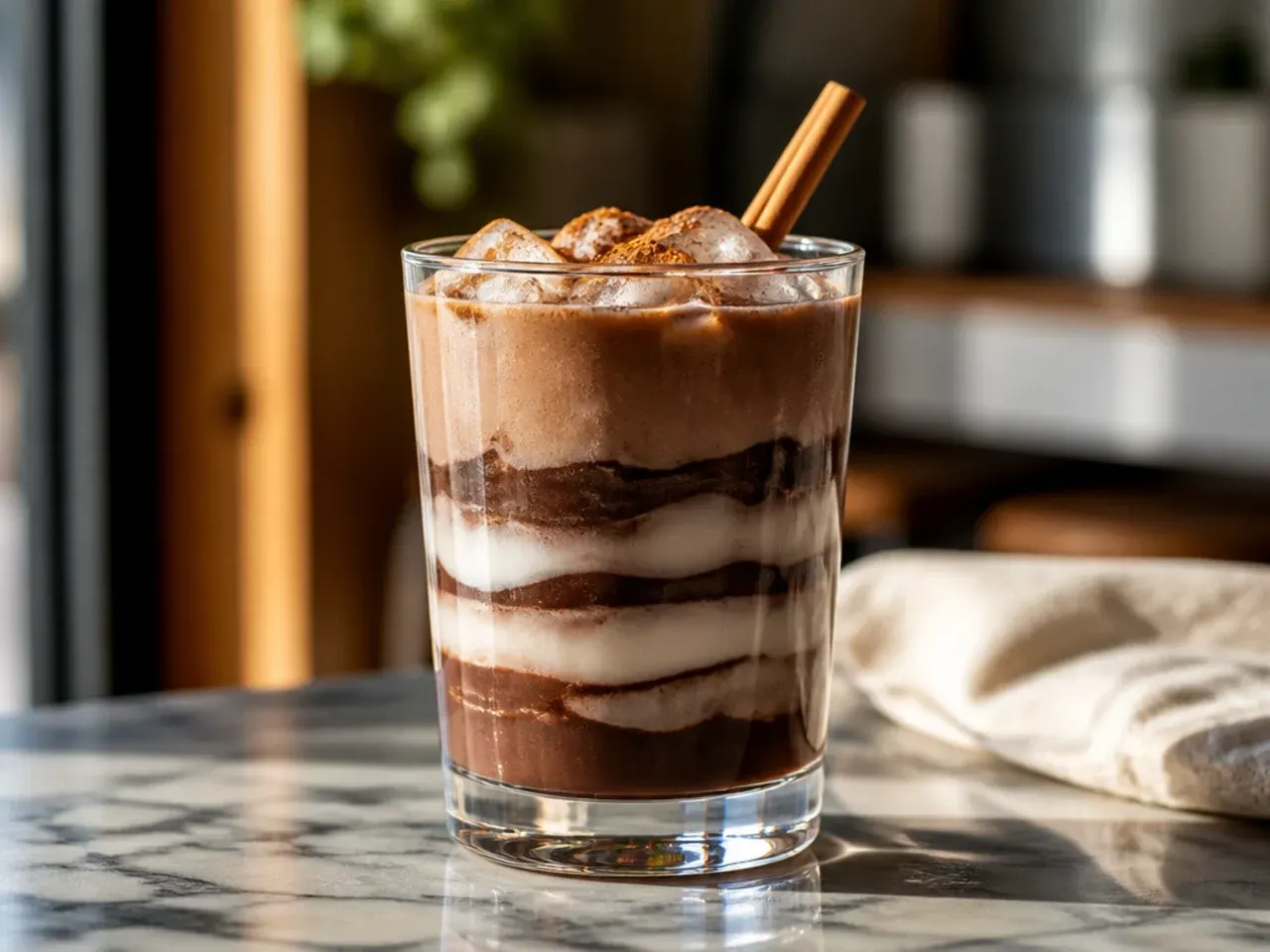 Zebra Mocha with striped white and dark chocolate sauce visible through a clear glass