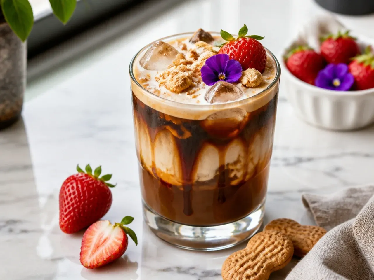 Nutter Butter cold brew topped with cold foam and crushed peanut butter biscuit