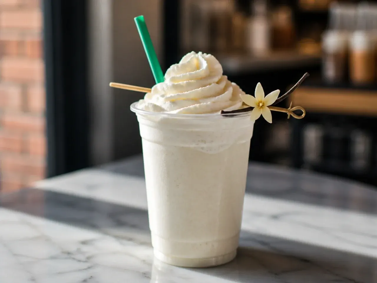 Smooth vanilla bean creme Frappuccino base blended in a glass