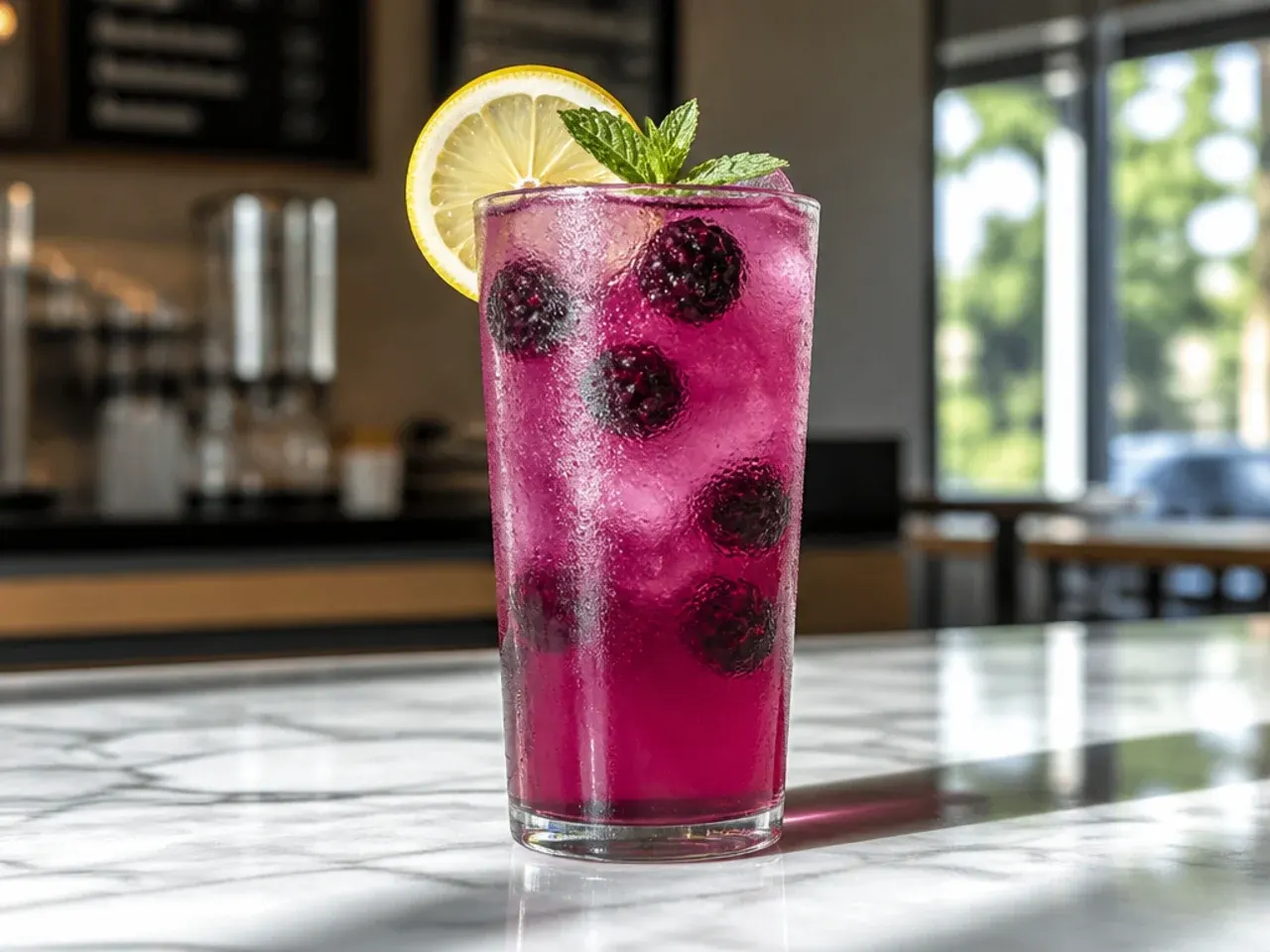 Purple Drink with coconut milk and blackberries over ice in a tall glass