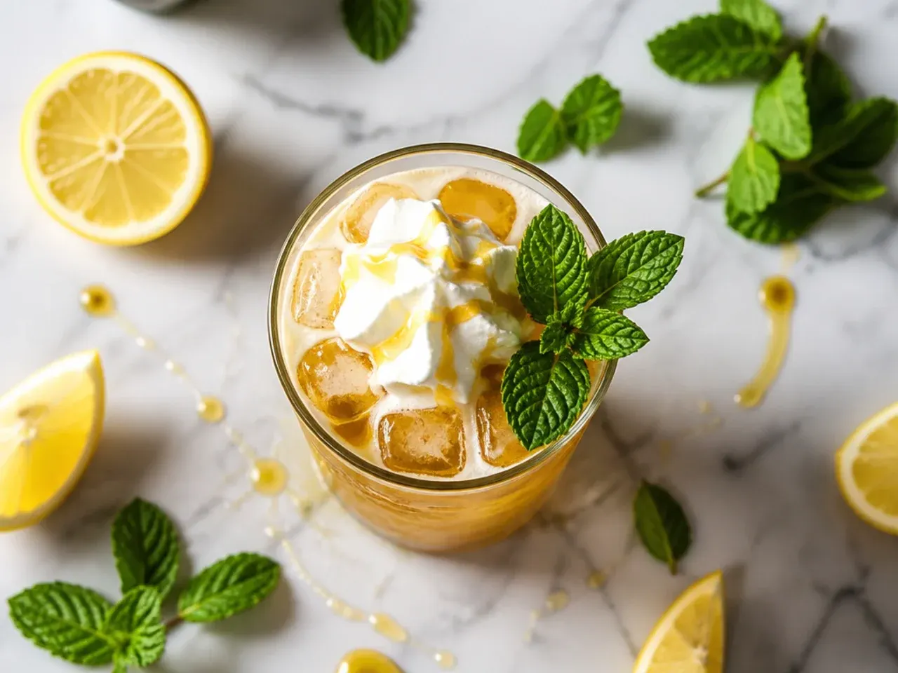 Medicine Ball honey citrus mint tea with steamed milk in a clear mug