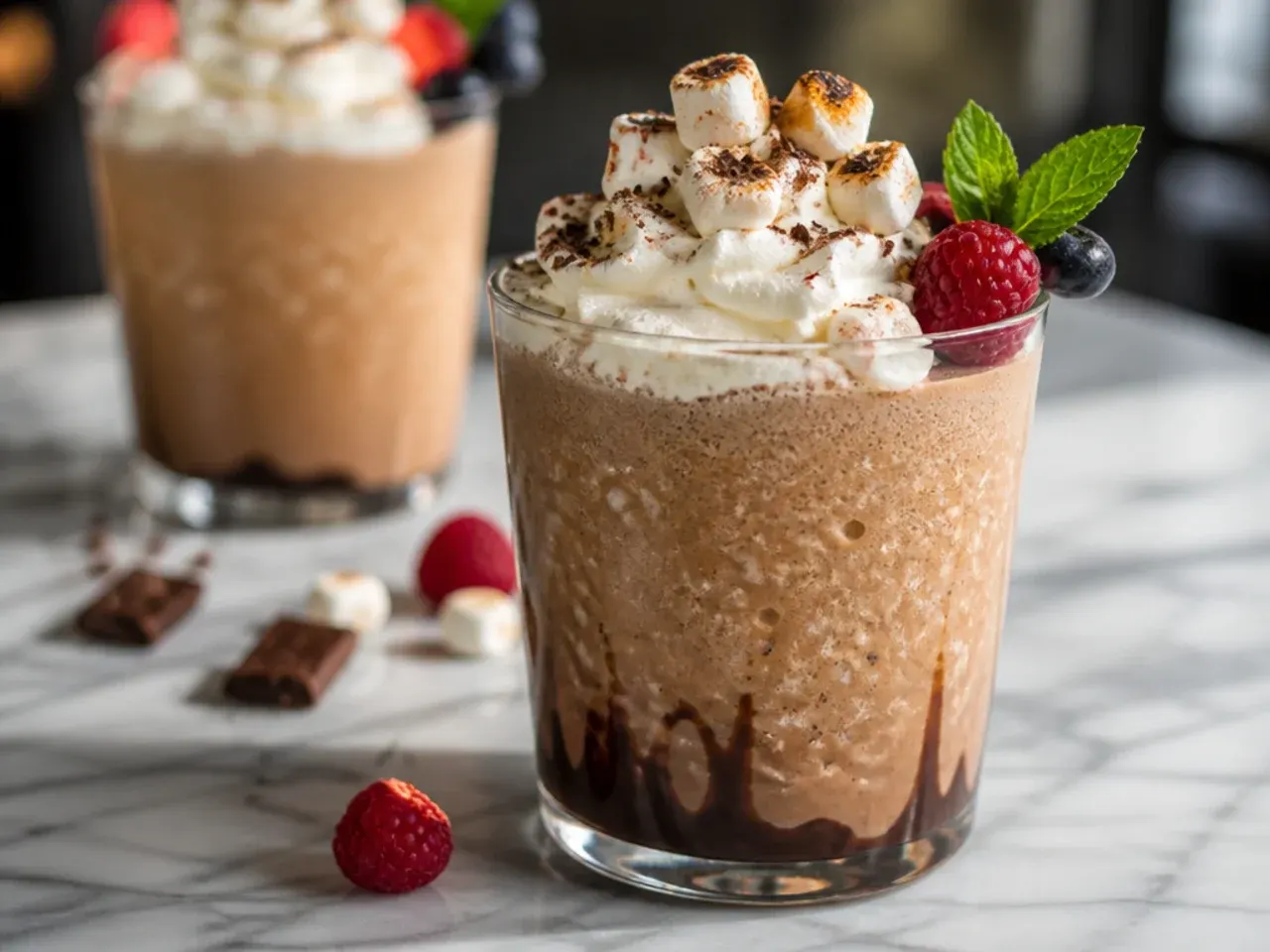 S'mores Frappuccino with a biscuit crumb rim and chocolate drizzle