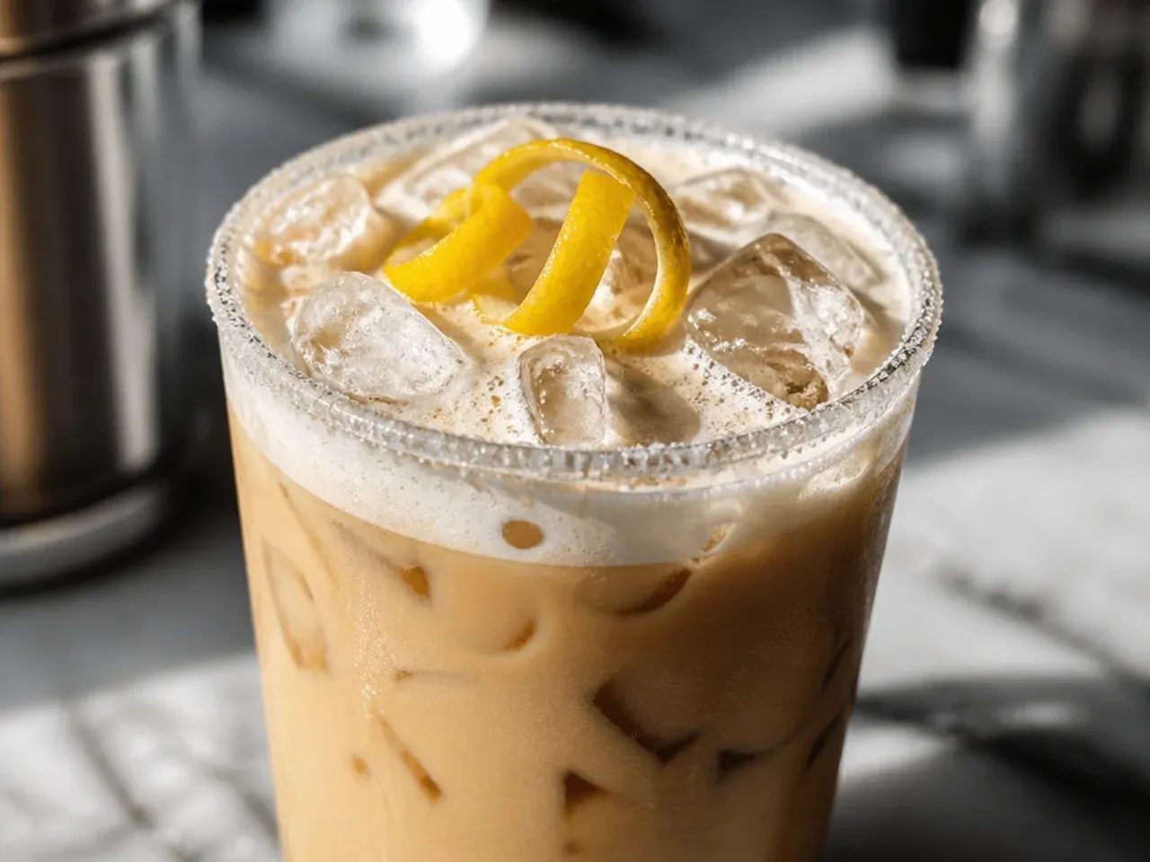 White mocha latte topped with a thick layer of cold foam and cocoa powder