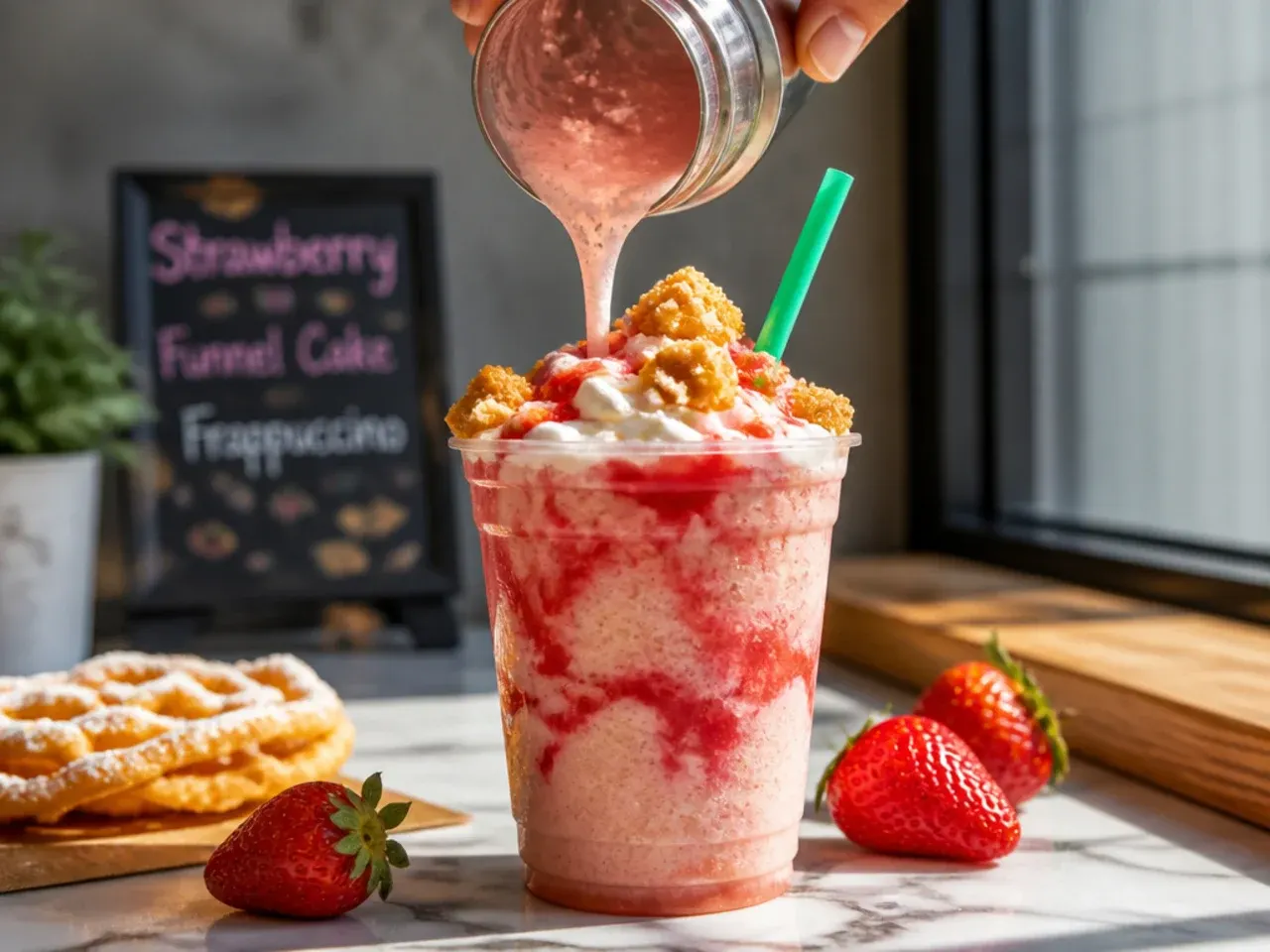 Strawberry funnel cake Frappuccino dusted with icing sugar and caramel drizzle