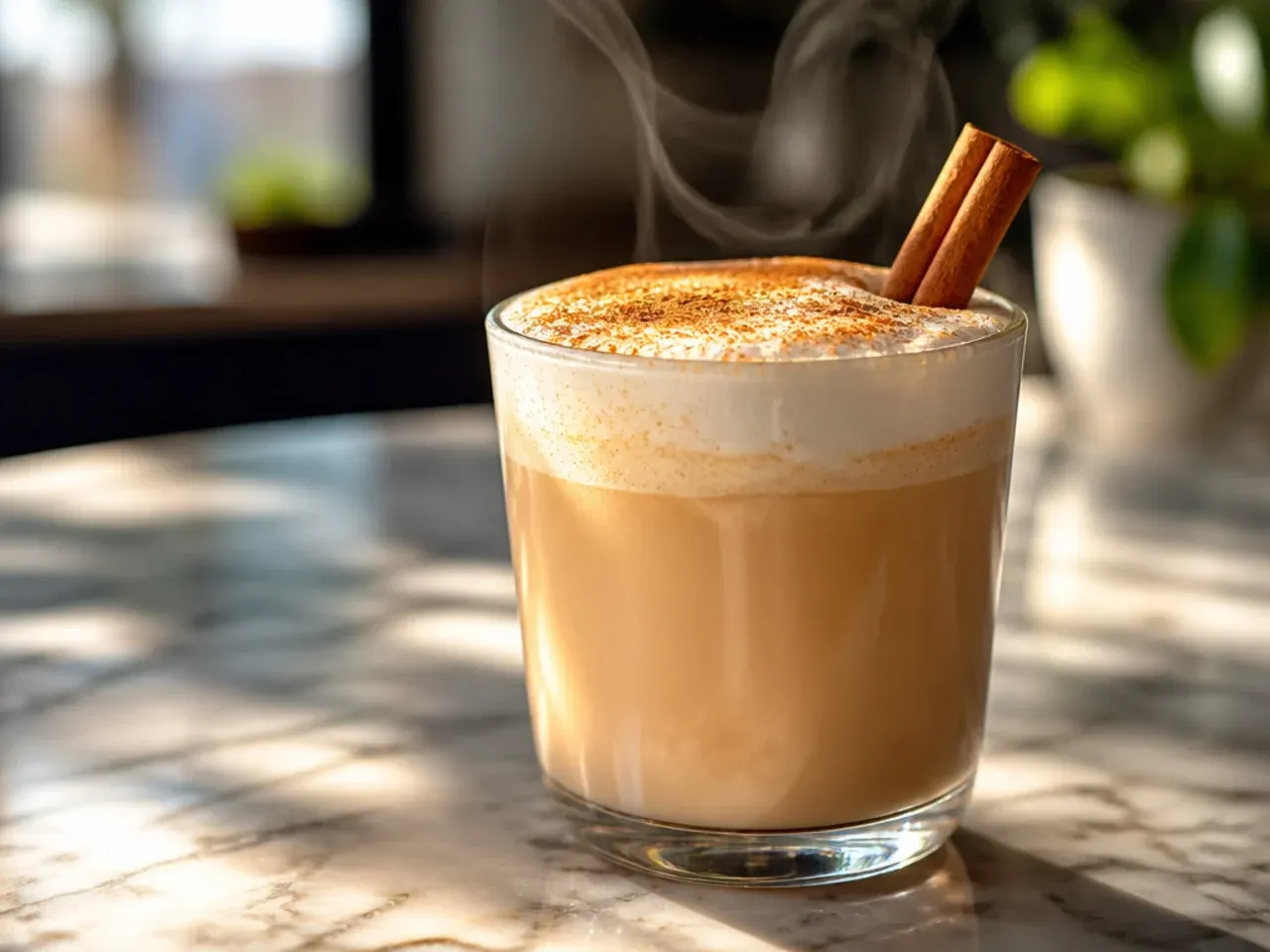 Cinnamon dolce steamer with whipped cream and cinnamon sugar in a glass mug