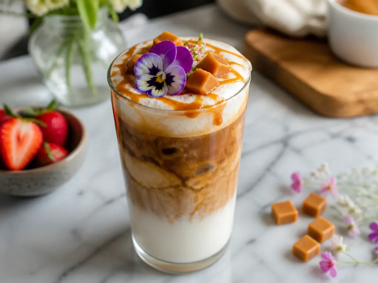 Caramel cloud macchiato with a marbled caramel whipped cream topping