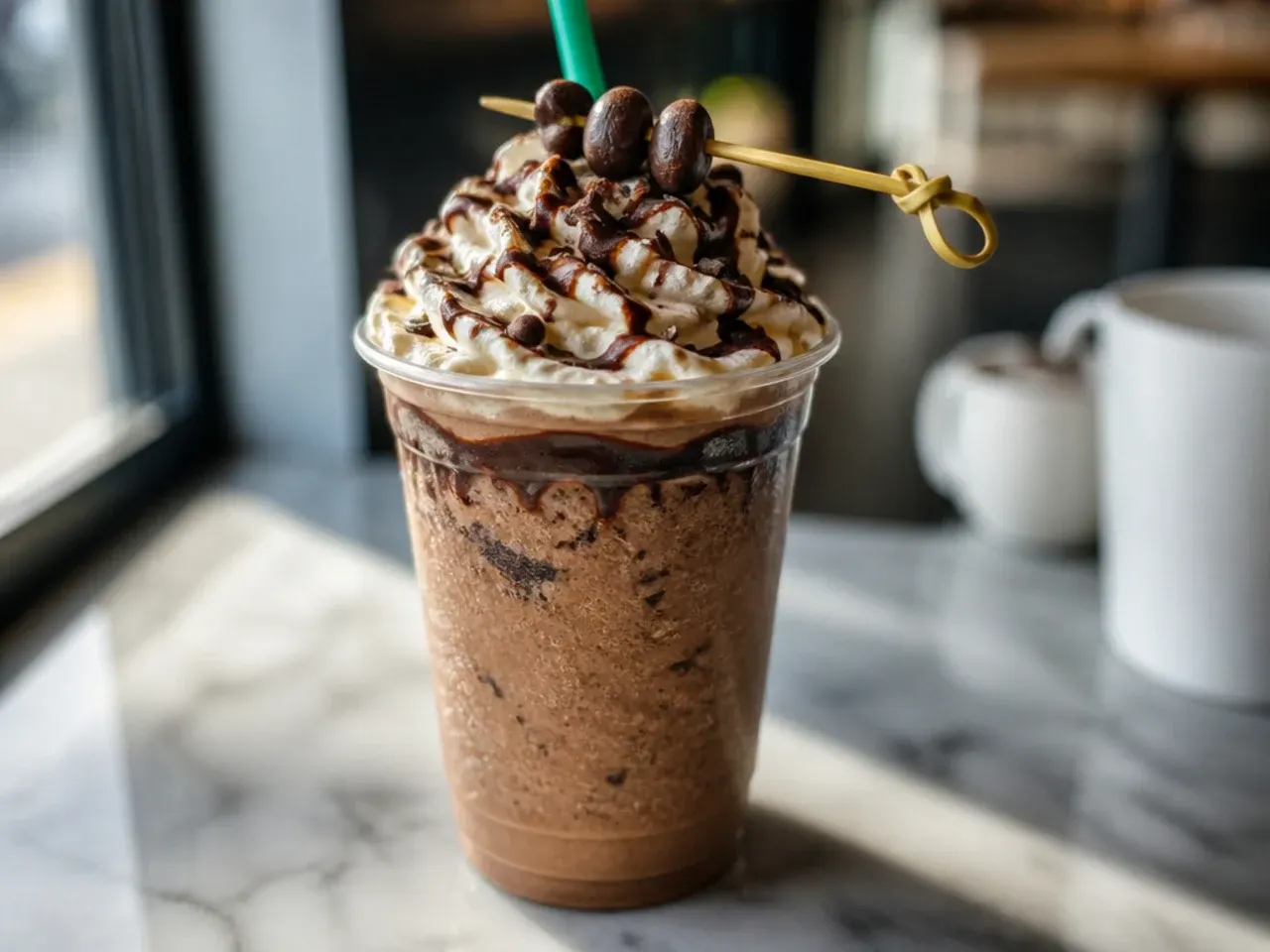 Java Chip Frappuccino with visible chocolate chip flecks and whipped cream
