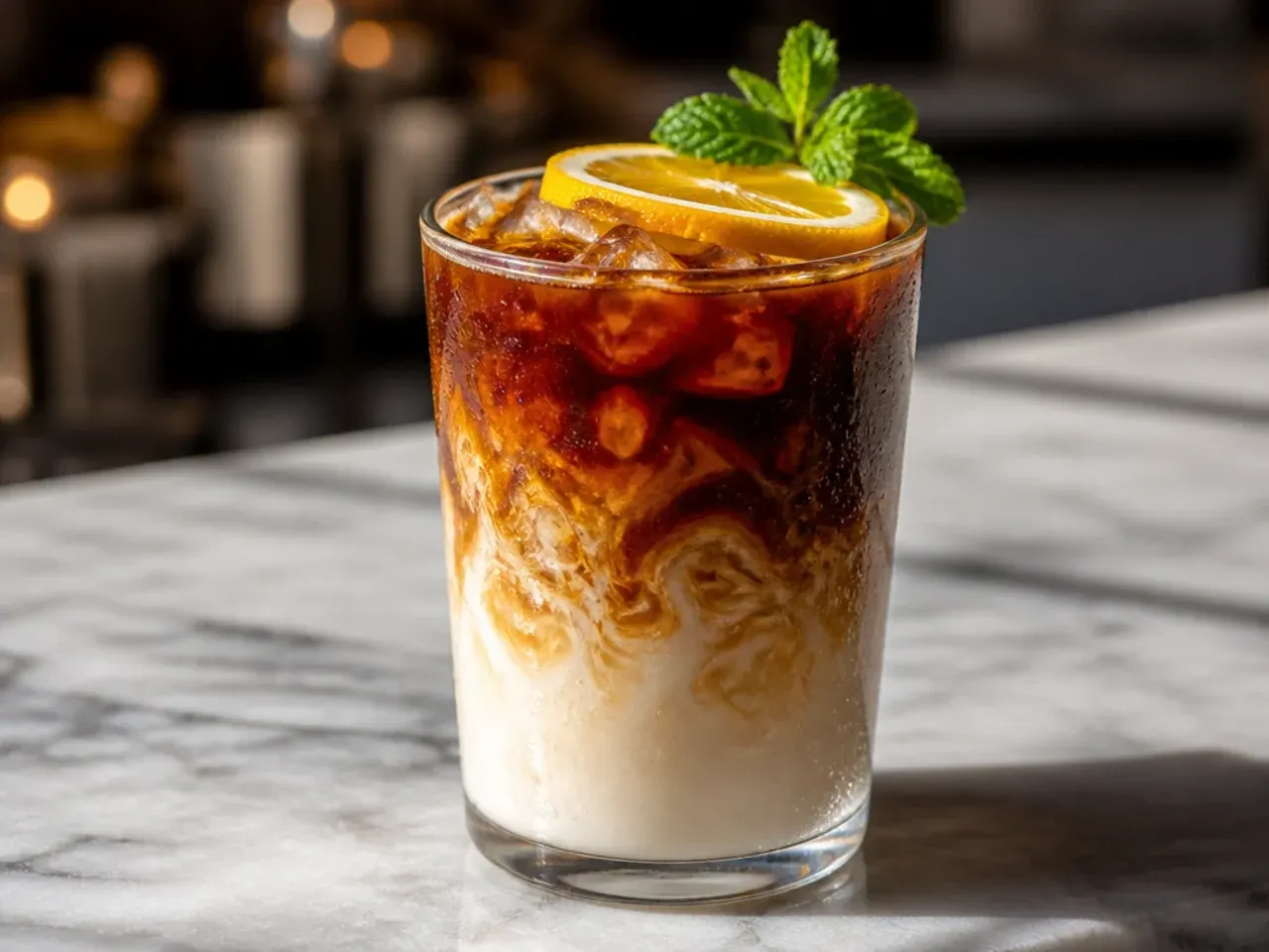 Vanilla sweet cream cascading through cold brew coffee in a glass over ice