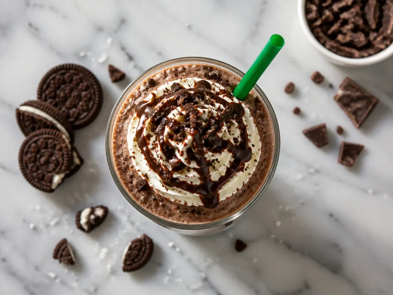 Salted dark mocha cookie crumble Frappuccino topped with whipped cream, chocolate drizzle and flaky sea salt