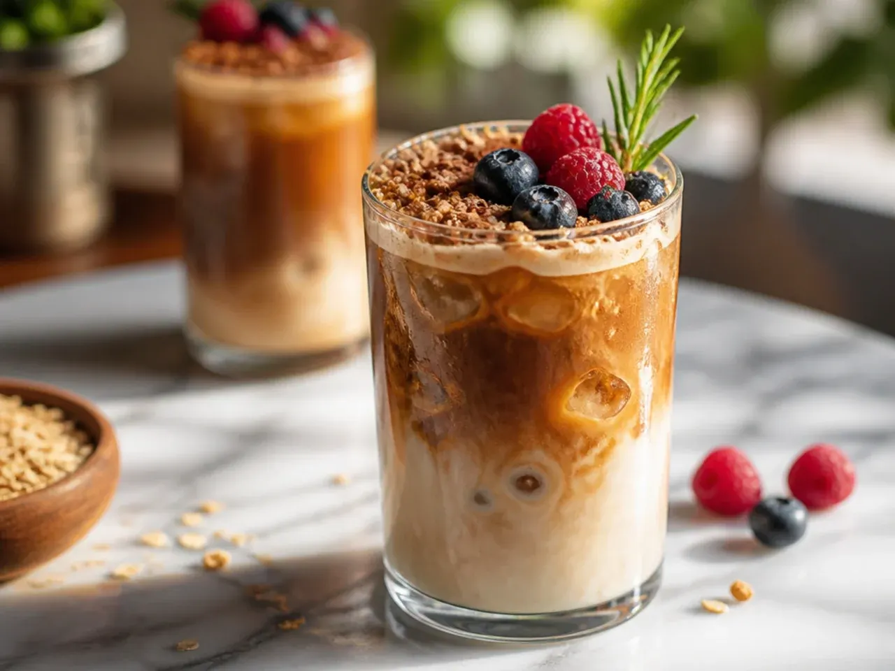 Shaken espresso with oat milk and cinnamon over ice in a tall glass