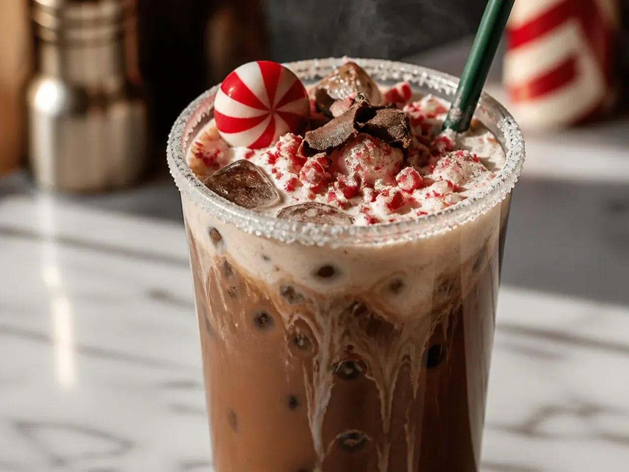 Peppermint mocha topped with cold foam and crushed candy cane