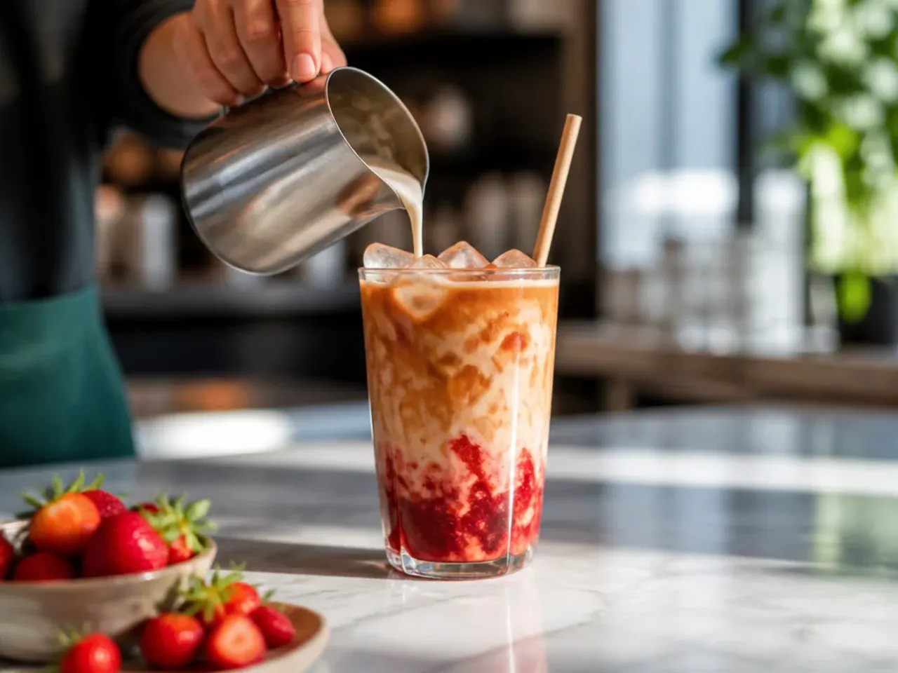Strawberry cream layered over cold brew coffee in a glass with fresh strawberry slices