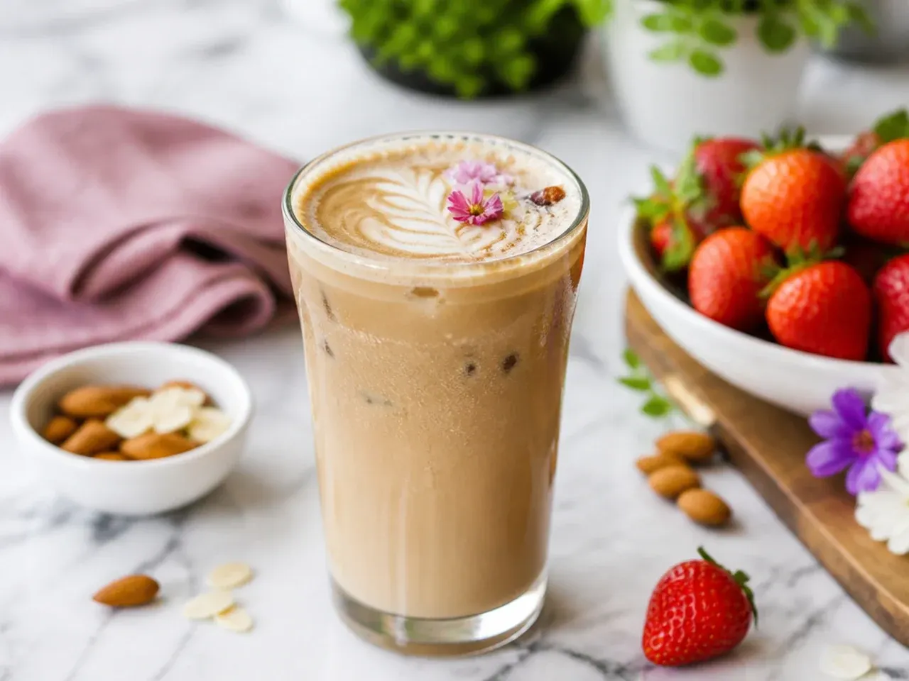 Honey almond milk flat white with smooth microfoam in a small glass cup