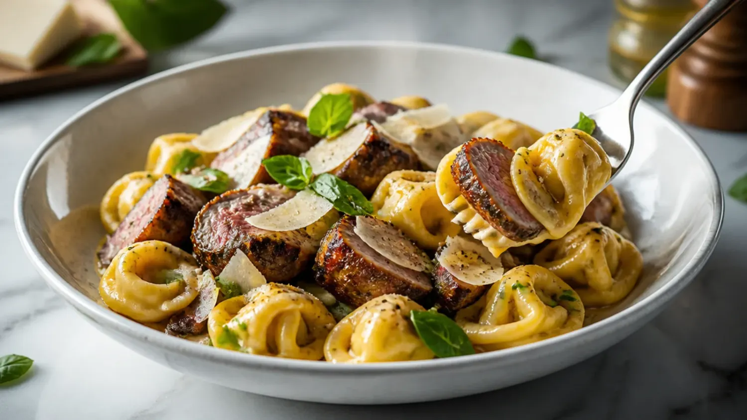 Close-up of a skillet of creamy garlic parmesan steak and tortellini garnished with parsley and red pepper flakes