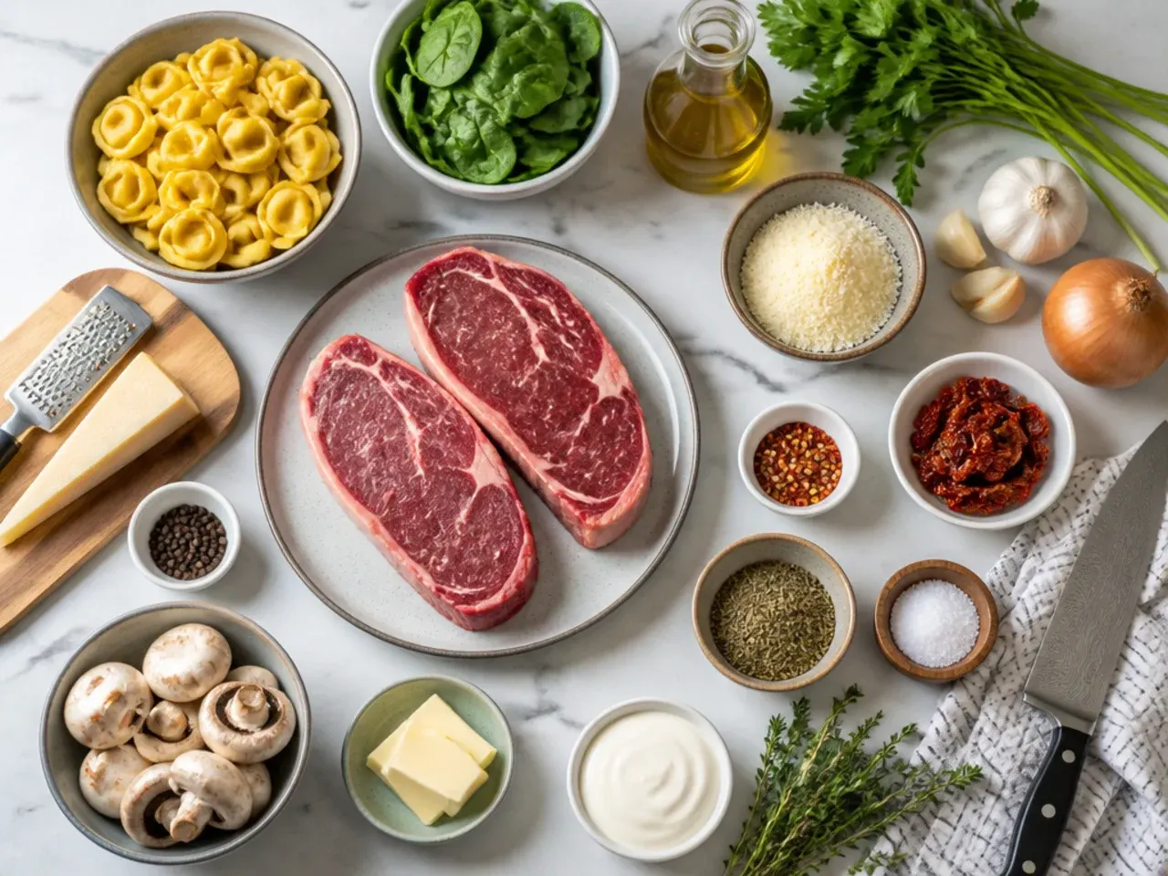 Overhead shot of seared steak bites and cheese tortellini being tossed in a creamy garlic parmesan sauce in a cast iron skillet