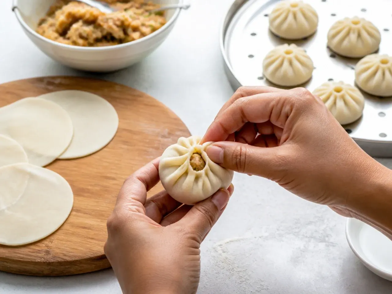 steamed momos — step 5: fill and pleat