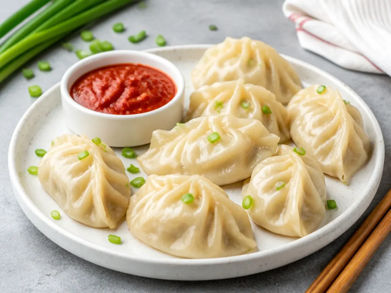 Platter of freshly steamed momos with tomato chutney and spring onions
