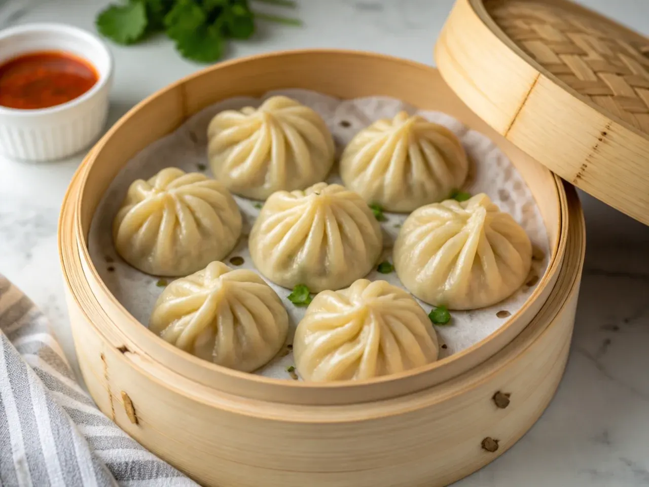 Classic steamed chicken momos in a bamboo steamer lined with parchment
