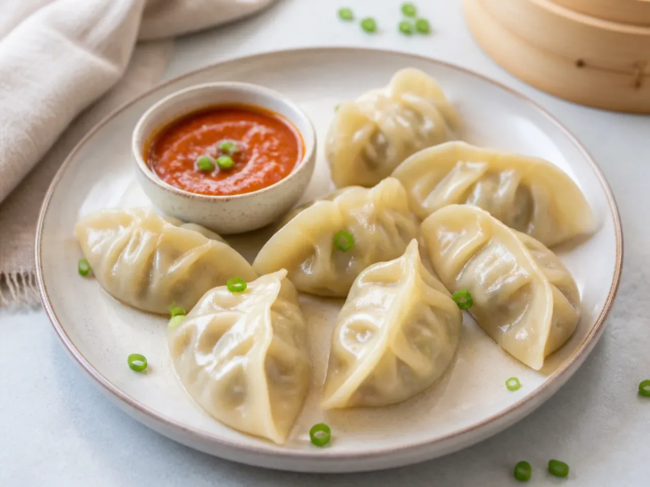 Quick steamed momos made with ready-made gyoza wrappers on a plate