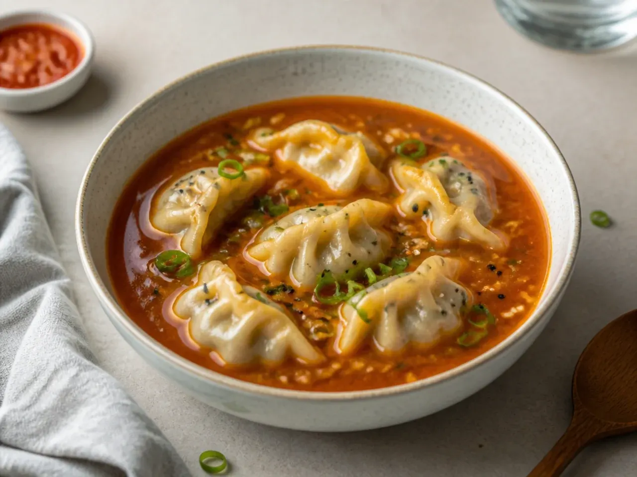Jhol momos served in a bowl of tomato sesame broth Nepali style