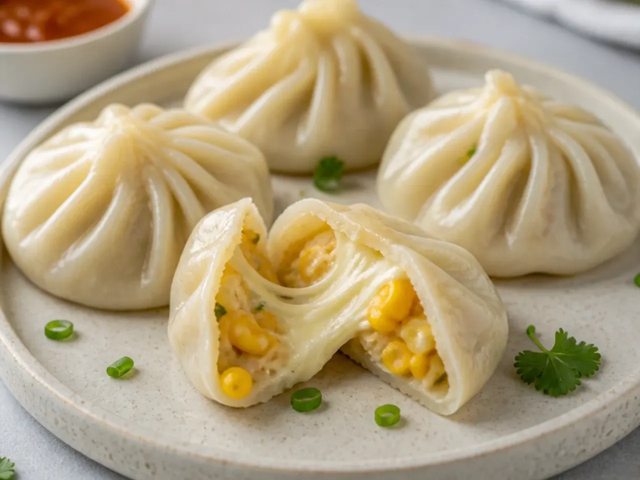 Cheese corn steamed momos broken open showing melted mozzarella filling