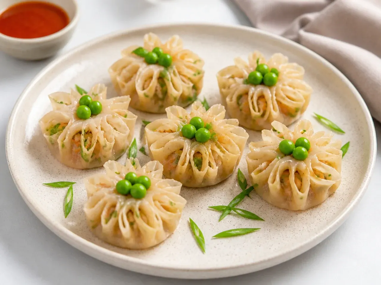 Open-faced steamed momo dumplings shaped like chrysanthemums topped with peas