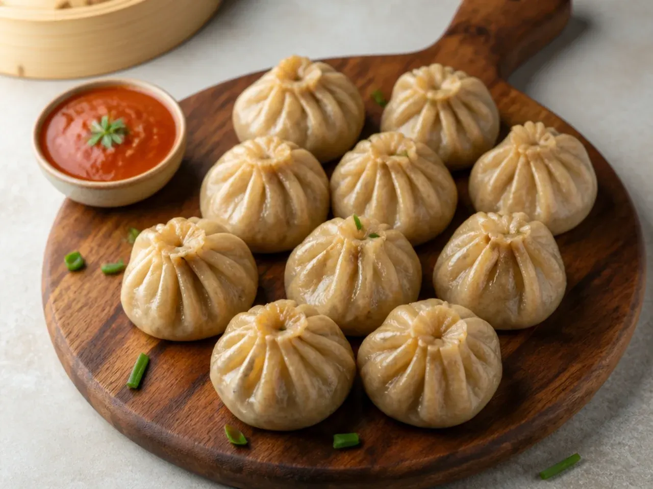 Rustic whole wheat atta steamed momos on a wooden board