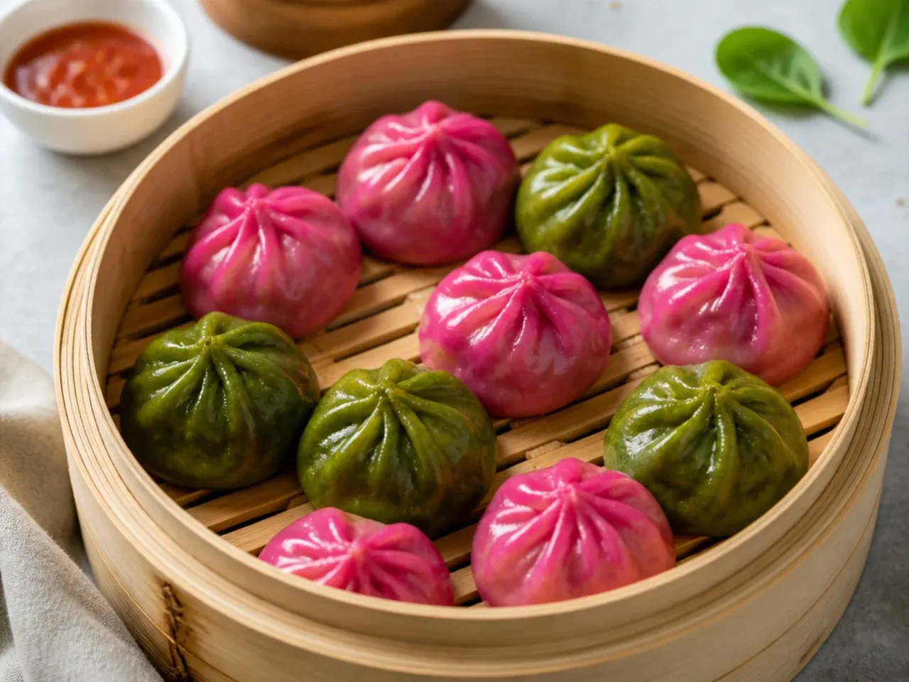 Colorful pink beetroot and green spinach steamed momos in a steamer basket