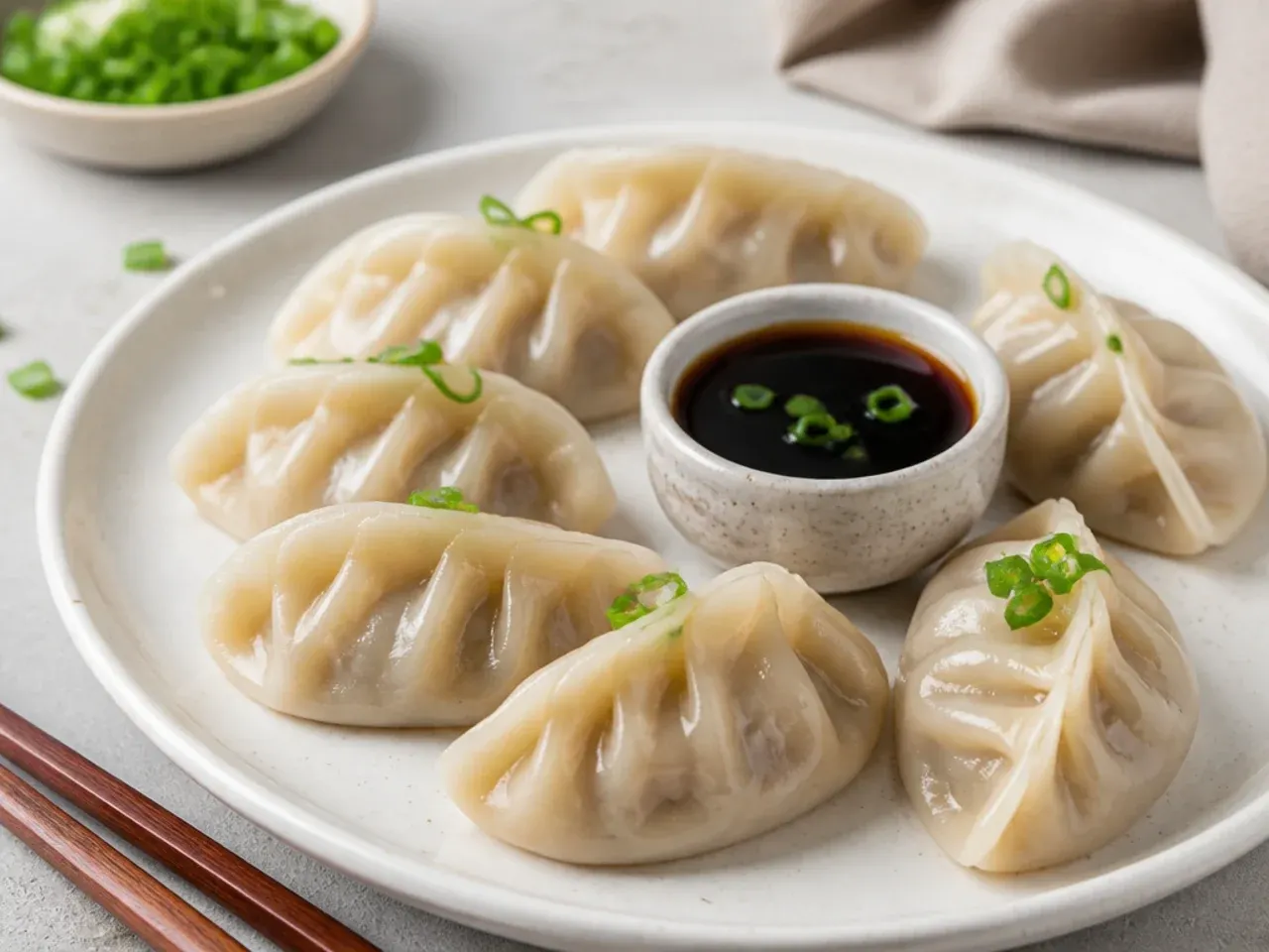 Minimal mushroom steamed momos with soy dipping sauce