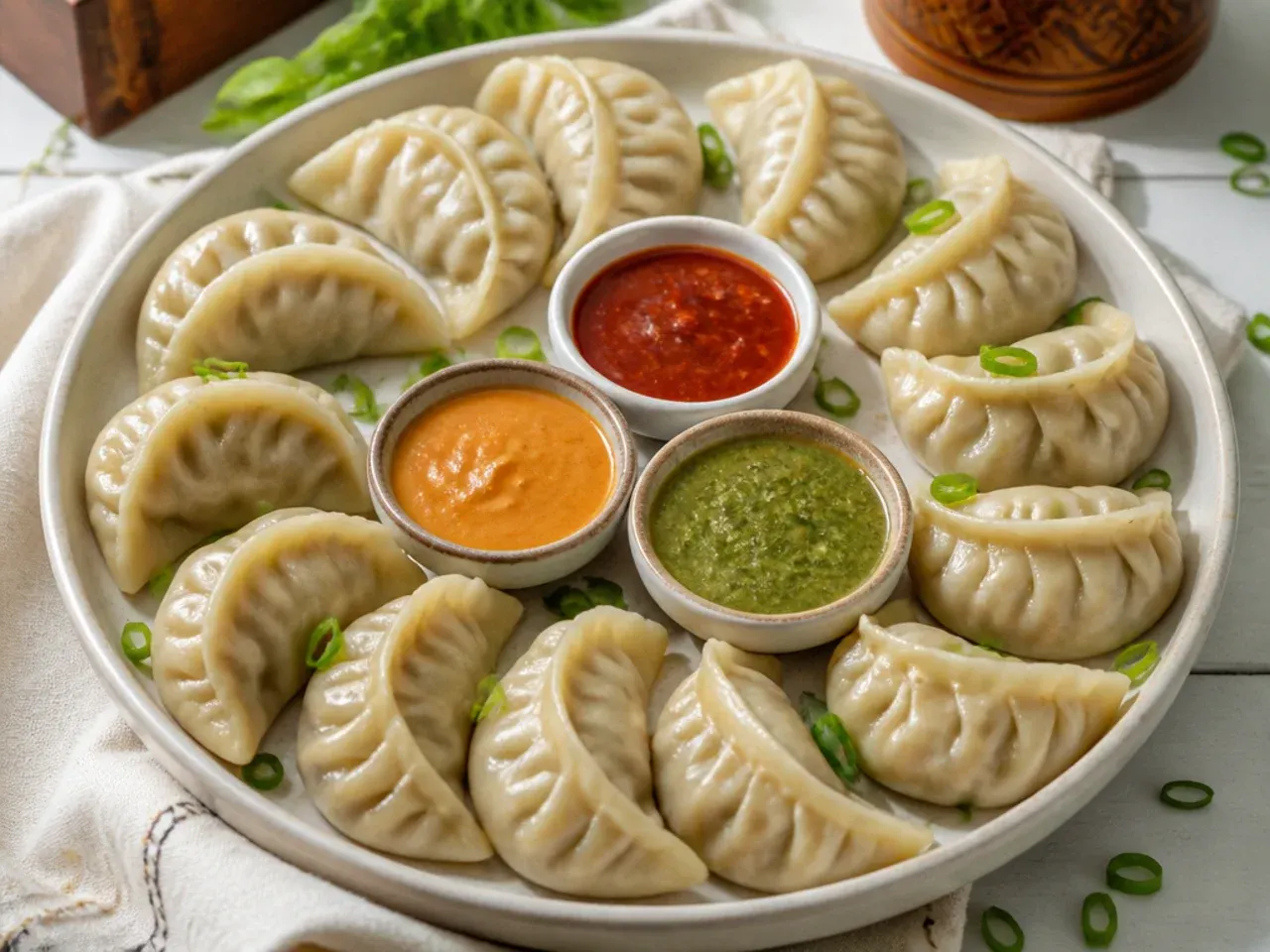 Festive steamed momos party platter arranged around three chutney bowls