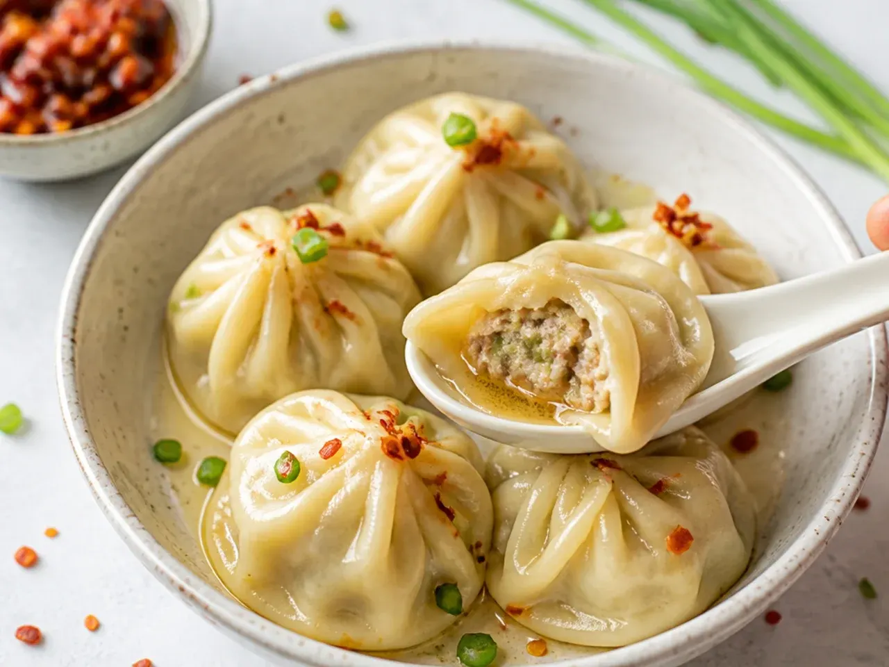 Juicy soup-filled steamed momo dumplings with broth inside