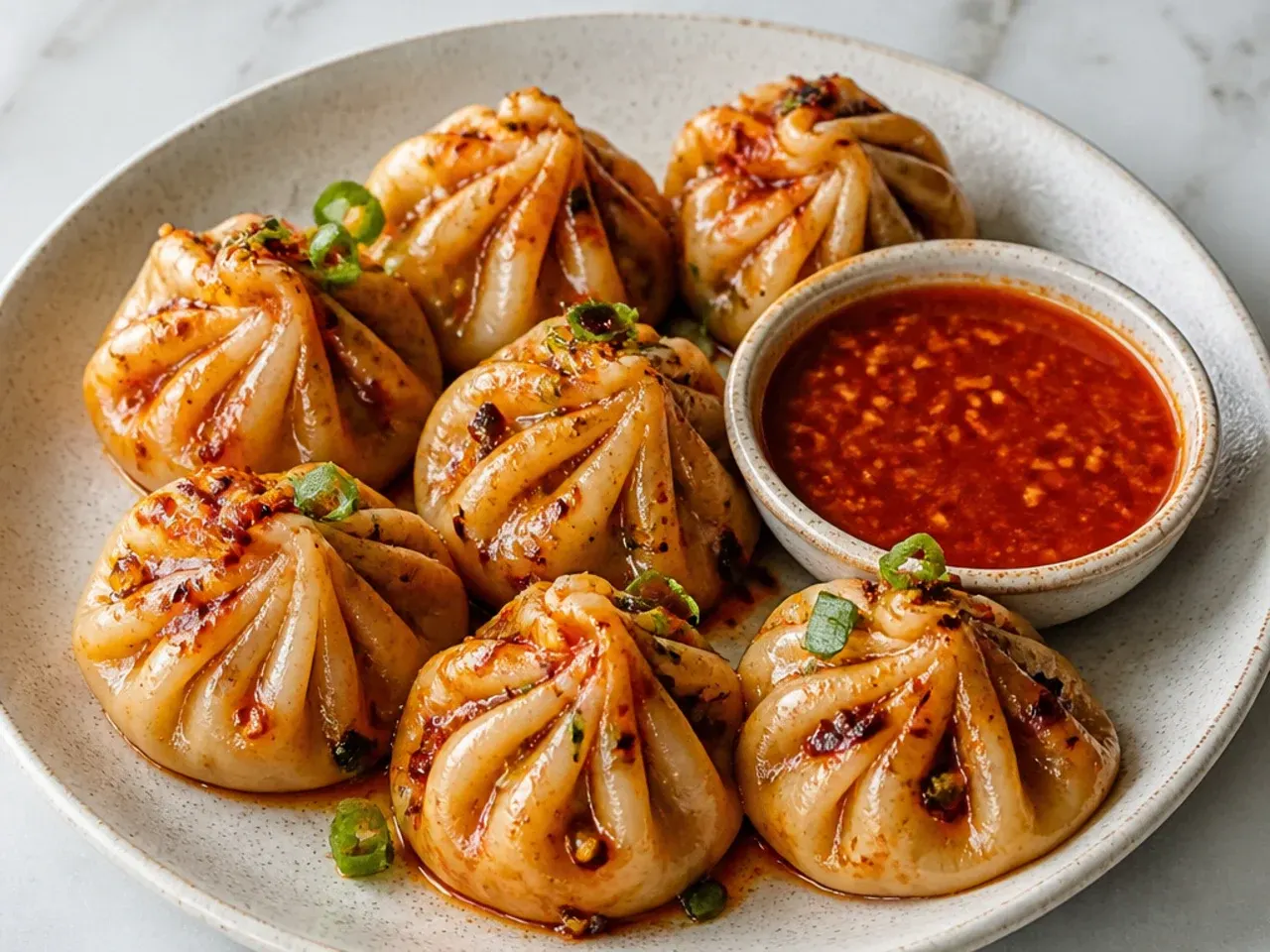 Bold spicy schezwan steamed momos with red chilli dipping sauce