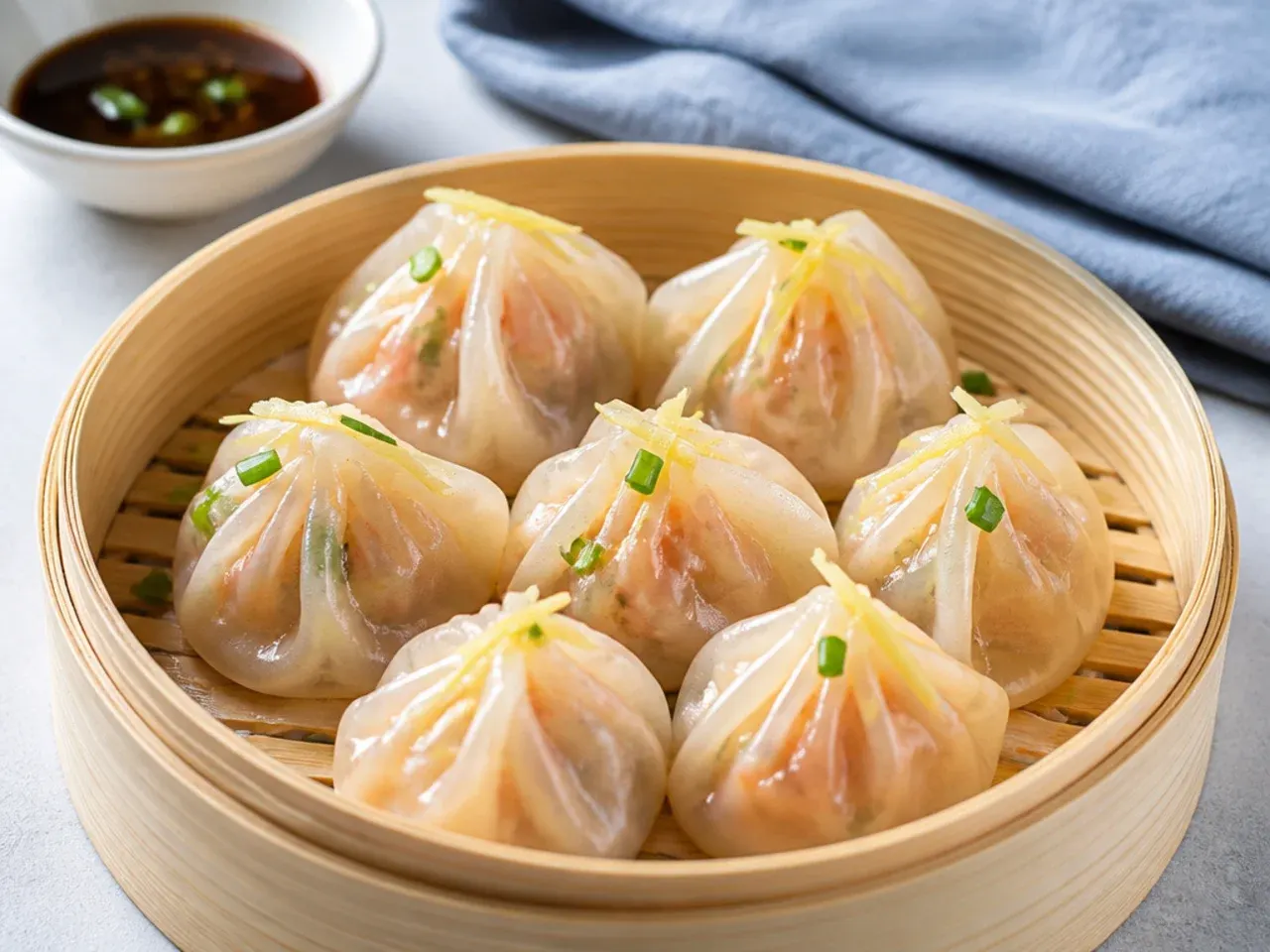 Delicate prawn and ginger steamed momos with thin translucent wrappers