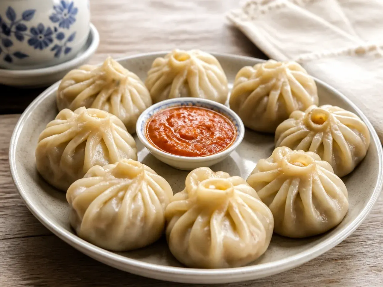 Traditional Tibetan style steamed beef momos served the classic way