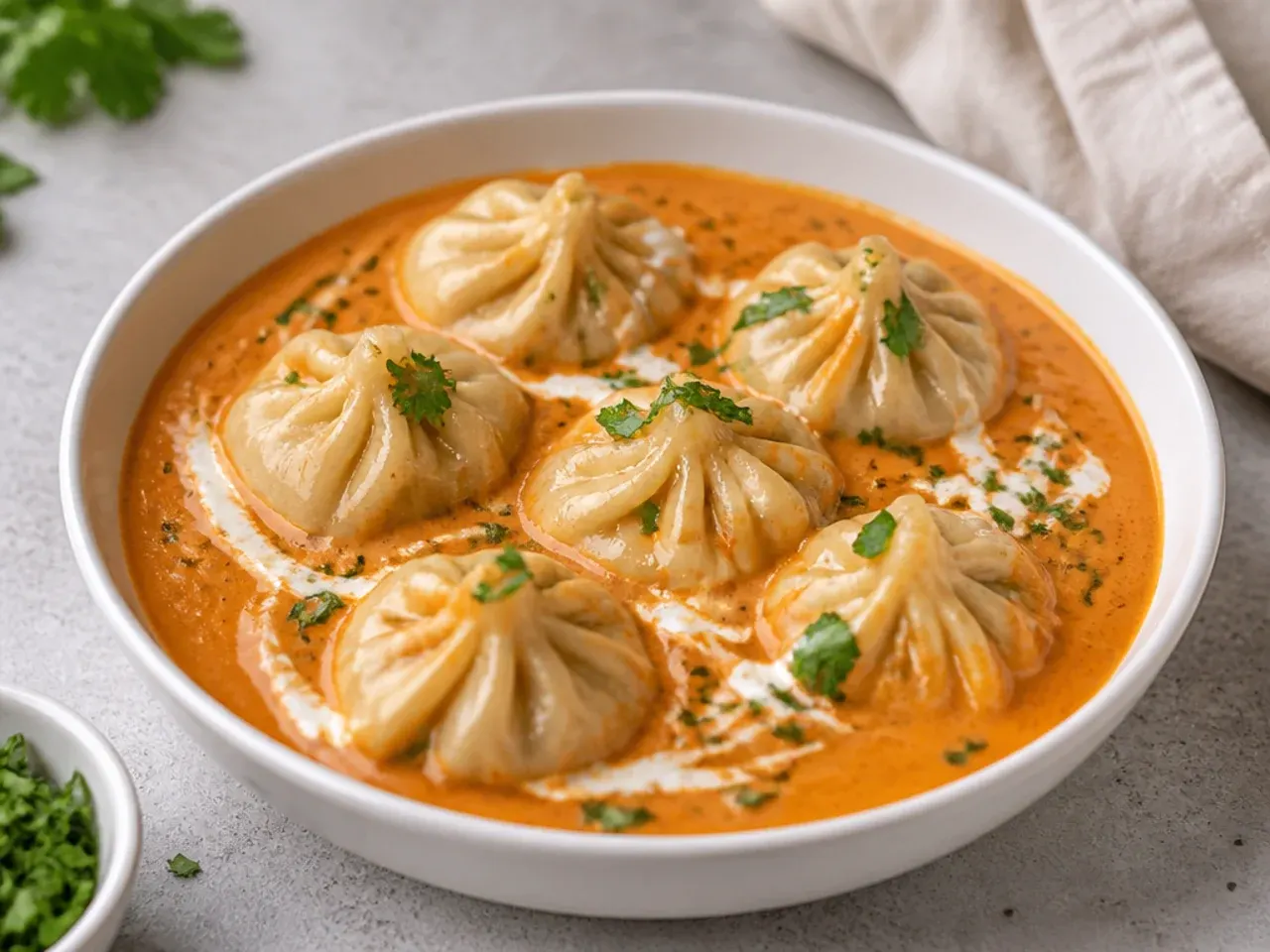 Creative butter chicken steamed momos sitting in creamy makhani sauce