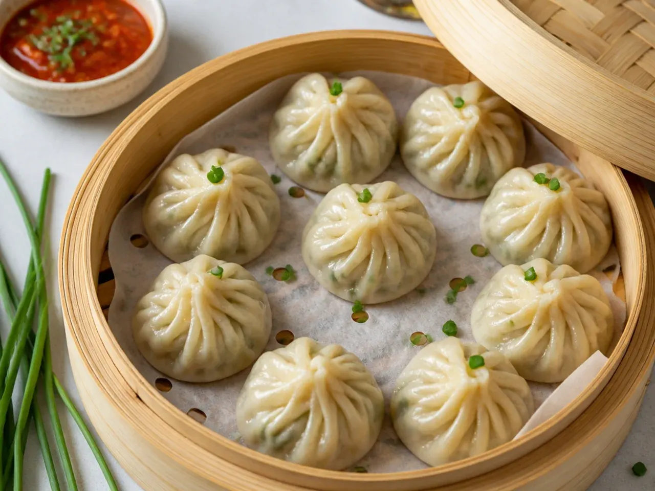 Classic pork and chive steamed momos pleated by hand