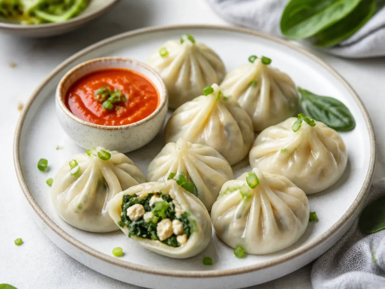 Elegant spinach and paneer steamed momos on a serving plate