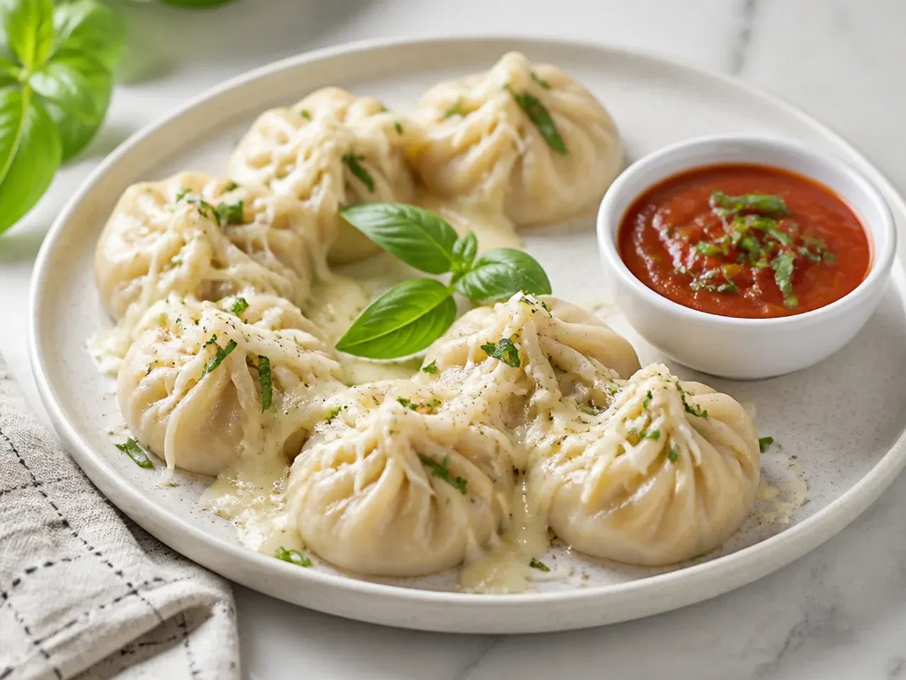 Playful pizza style steamed momos with mozzarella basil and marinara dip
