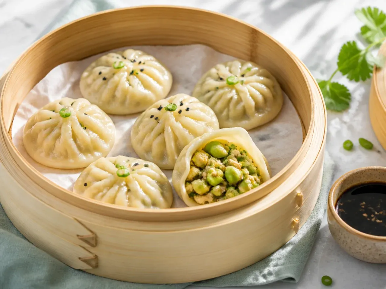Modern vegan steamed momos filled with tofu and edamame