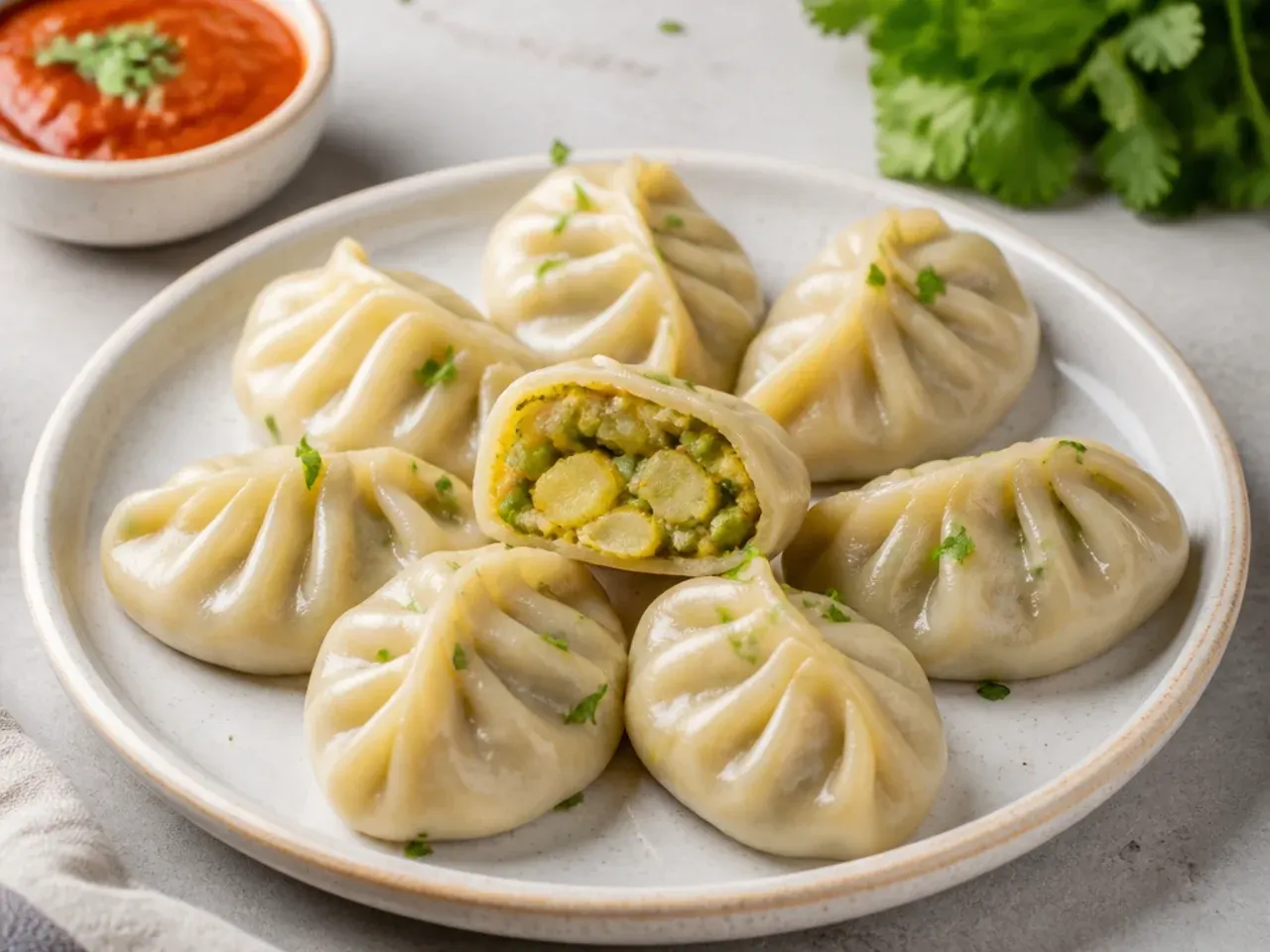 Rustic aloo steamed momos with spiced potato and pea filling