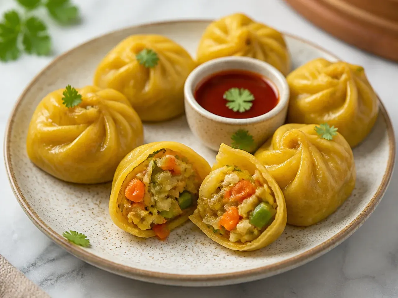 Golden turmeric steamed momos cut open to show colorful vegetable filling